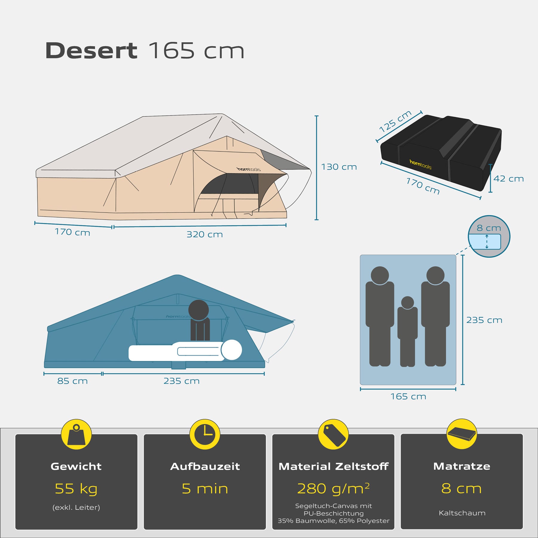 Roof tent Desert for 2 people - 165 cm